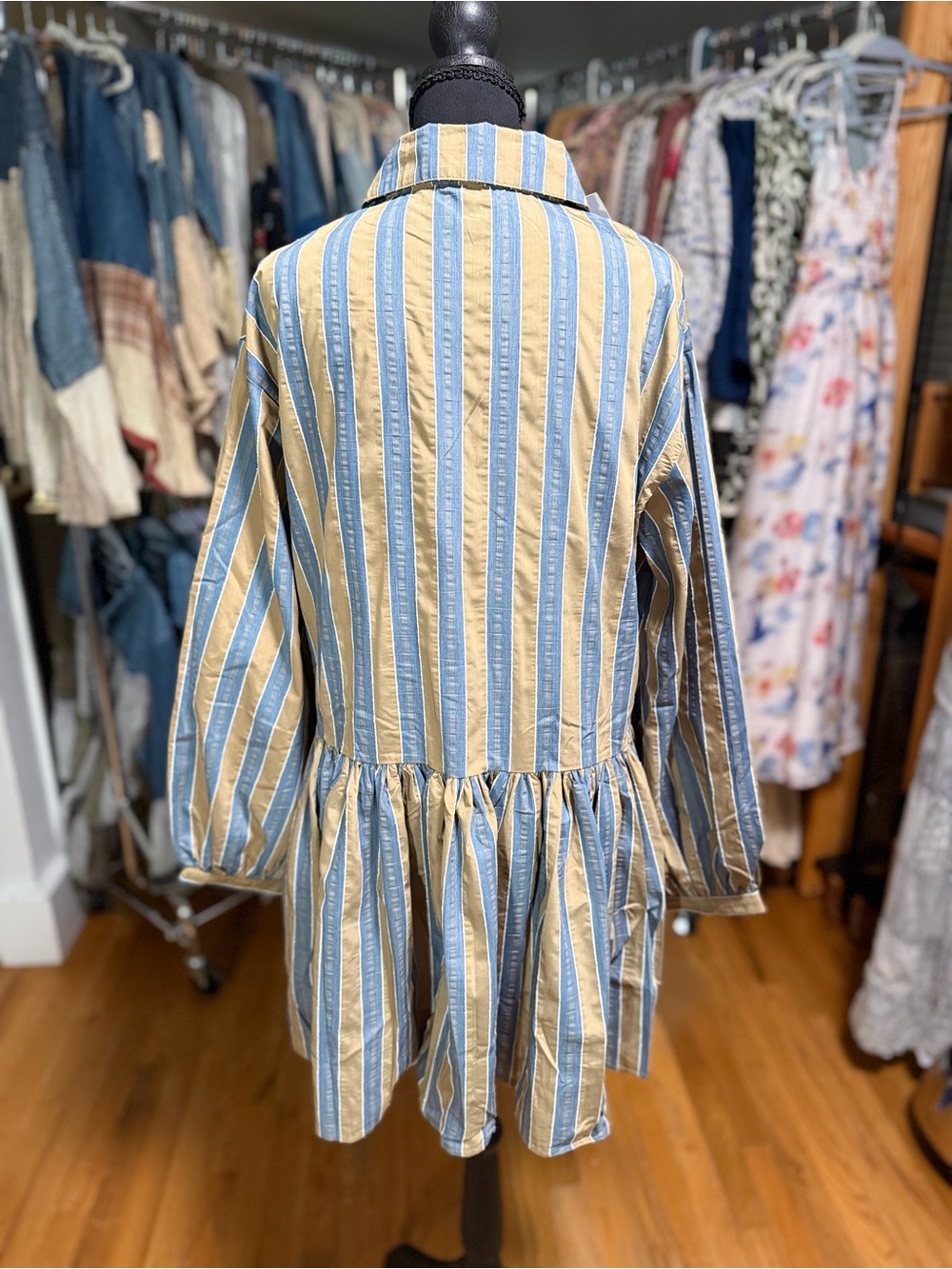 MEET ME IN SANTORINI Striped Babydoll Shirt Mini Dress Blue Tan NWT - Picture 3 of 6
